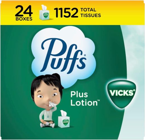 Puffs Plus Lotion With The Scent Of Vicks Facial Tissues, 24 Cube Boxes (48 Tissues per Box) - Image 9